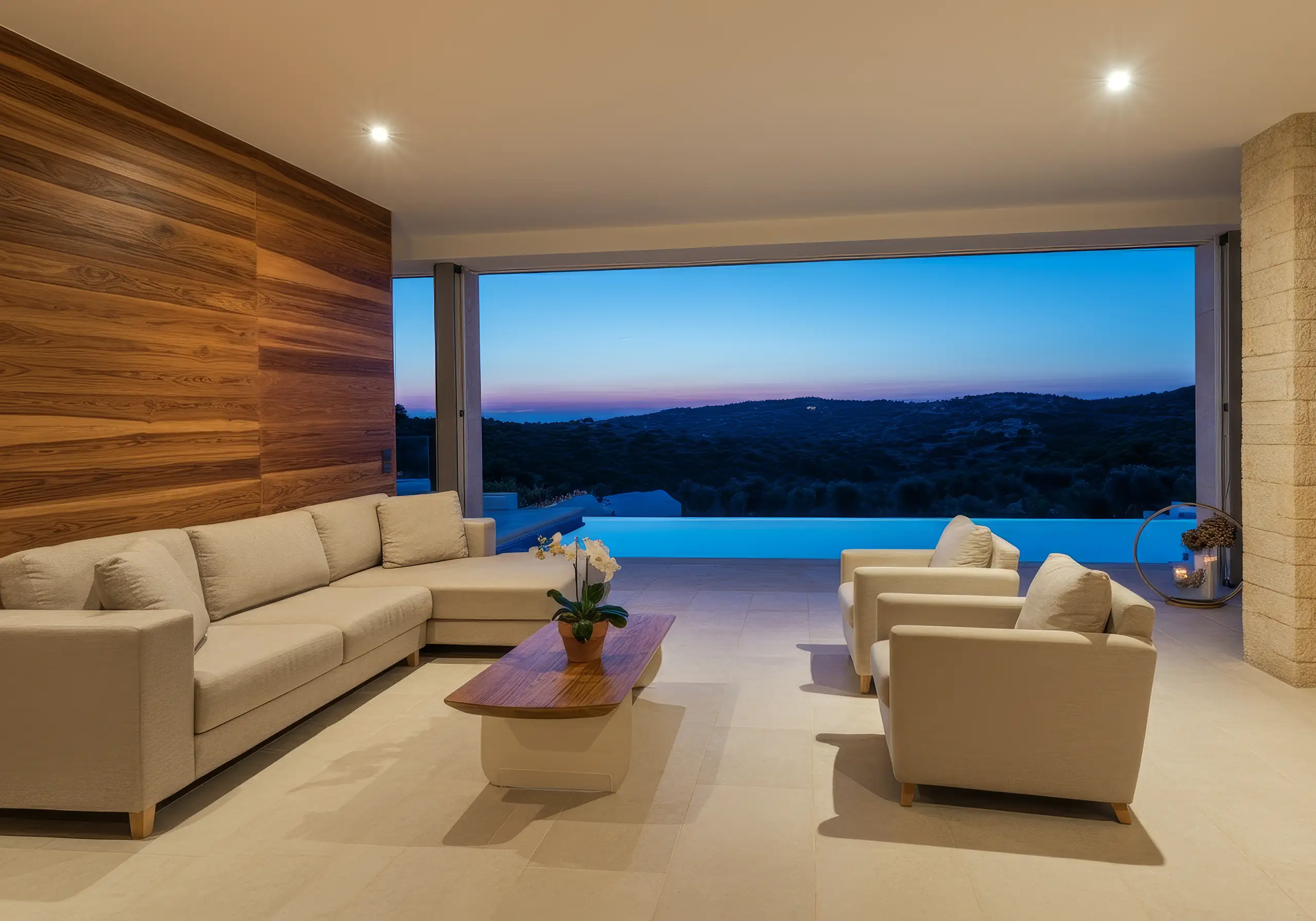 Living room with beige sofas and a wood-clad wall, glazed onto the pool and hills at dusk