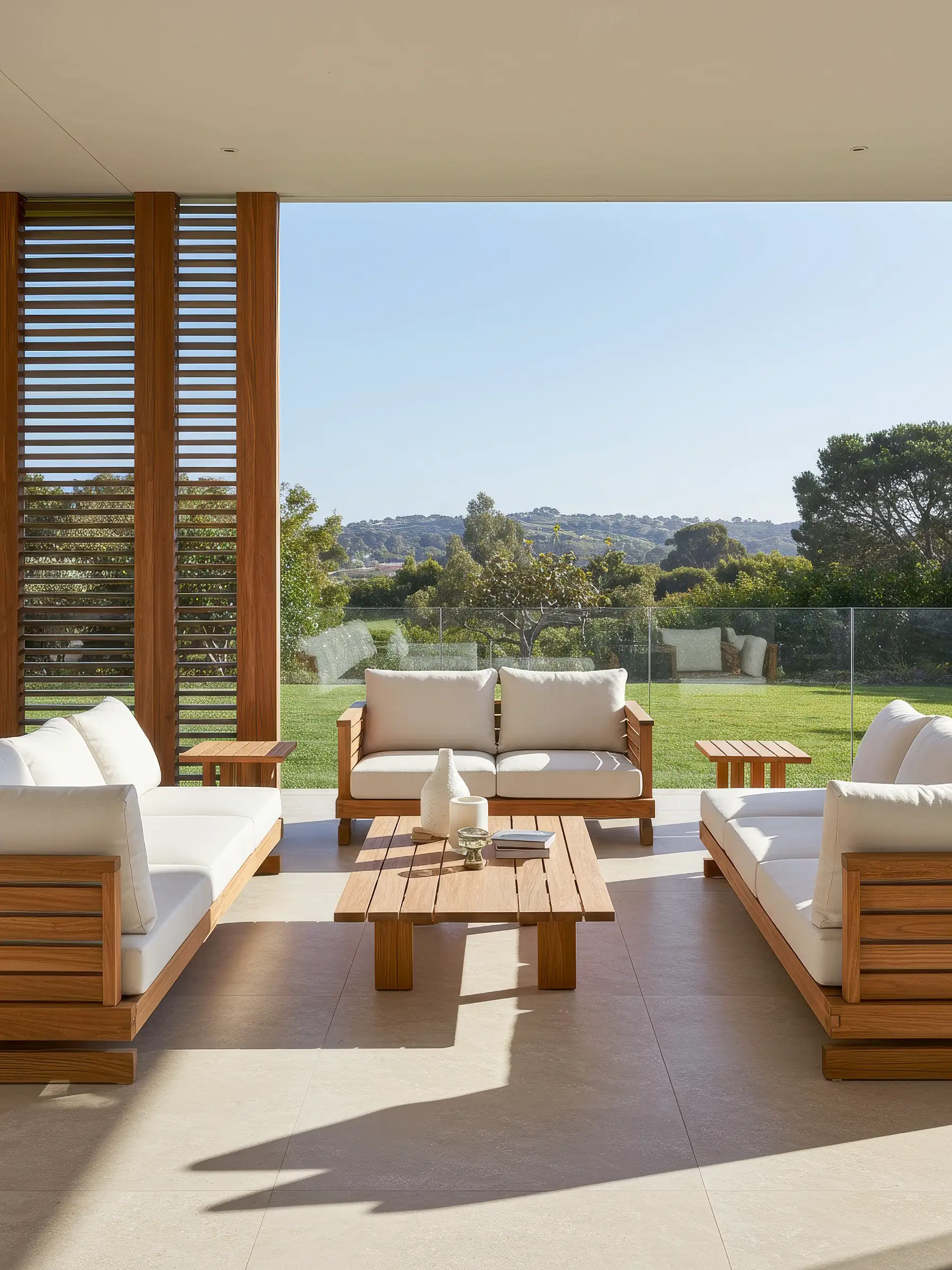 Covered terrace with teak sofas and slatted wooden screens, overlooking a lawn and hills