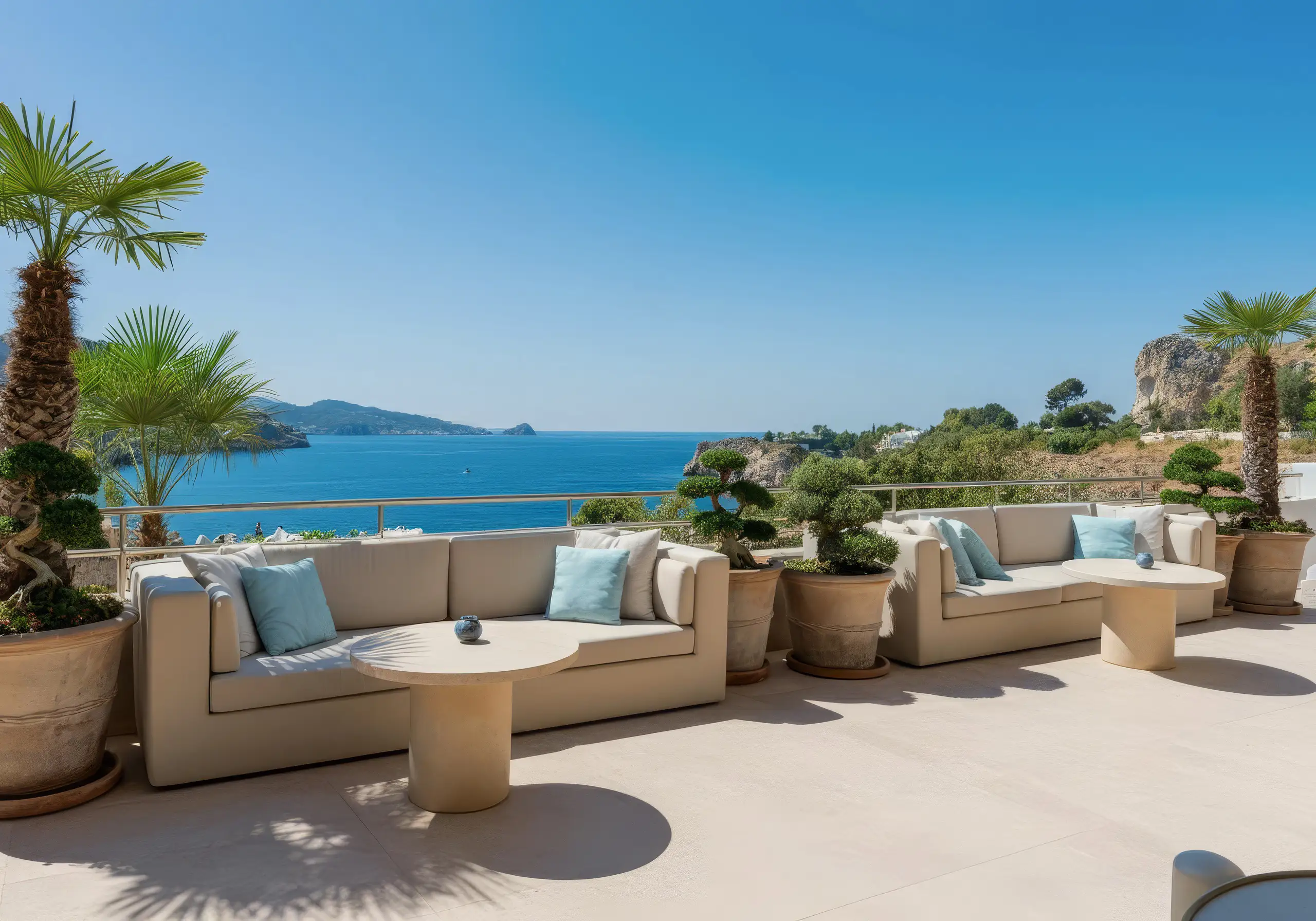 Terrace with cream sofas, blue cushions and potted palms above the sea