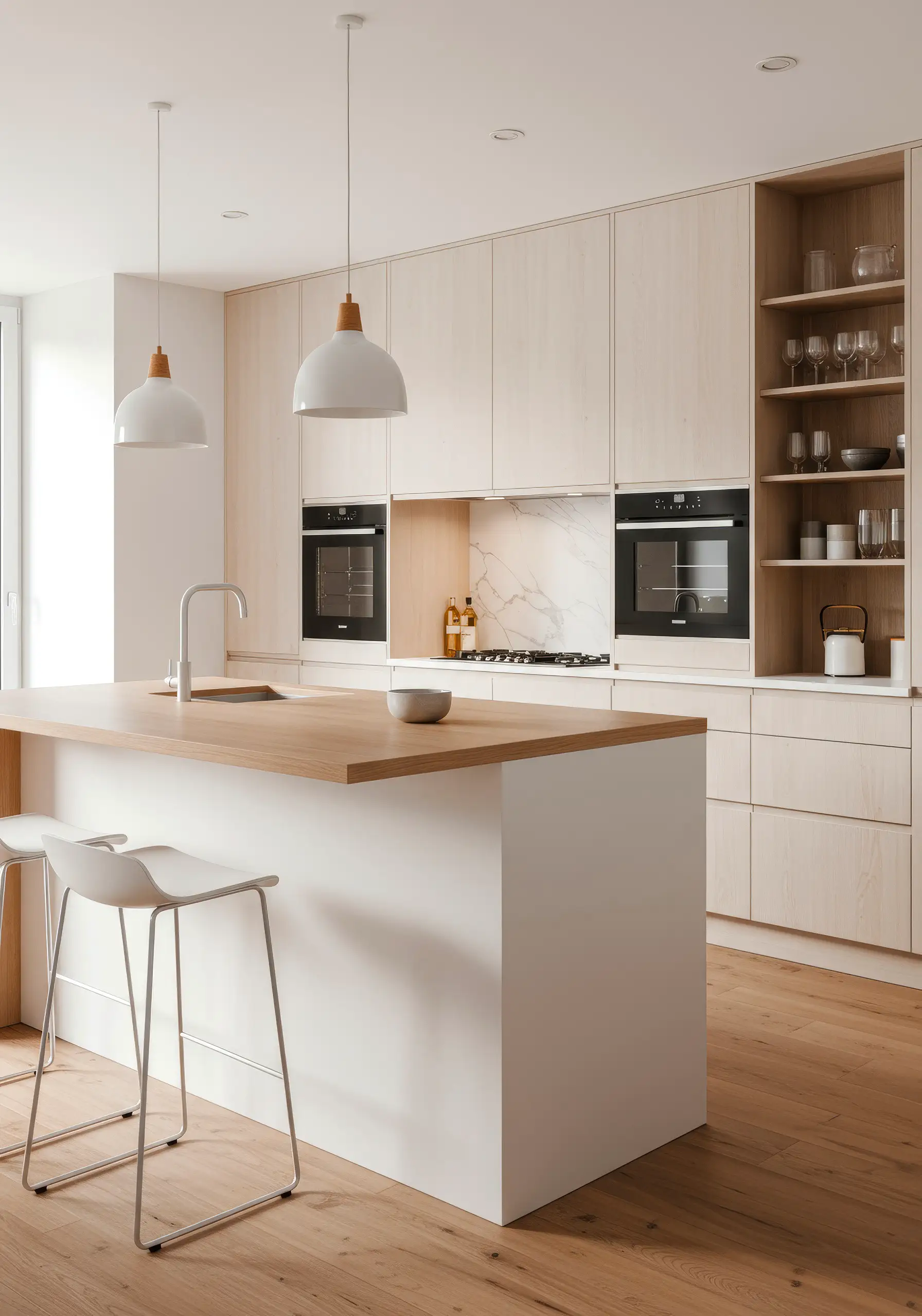 White kitchen with an island, a wooden worktop and pendant lights