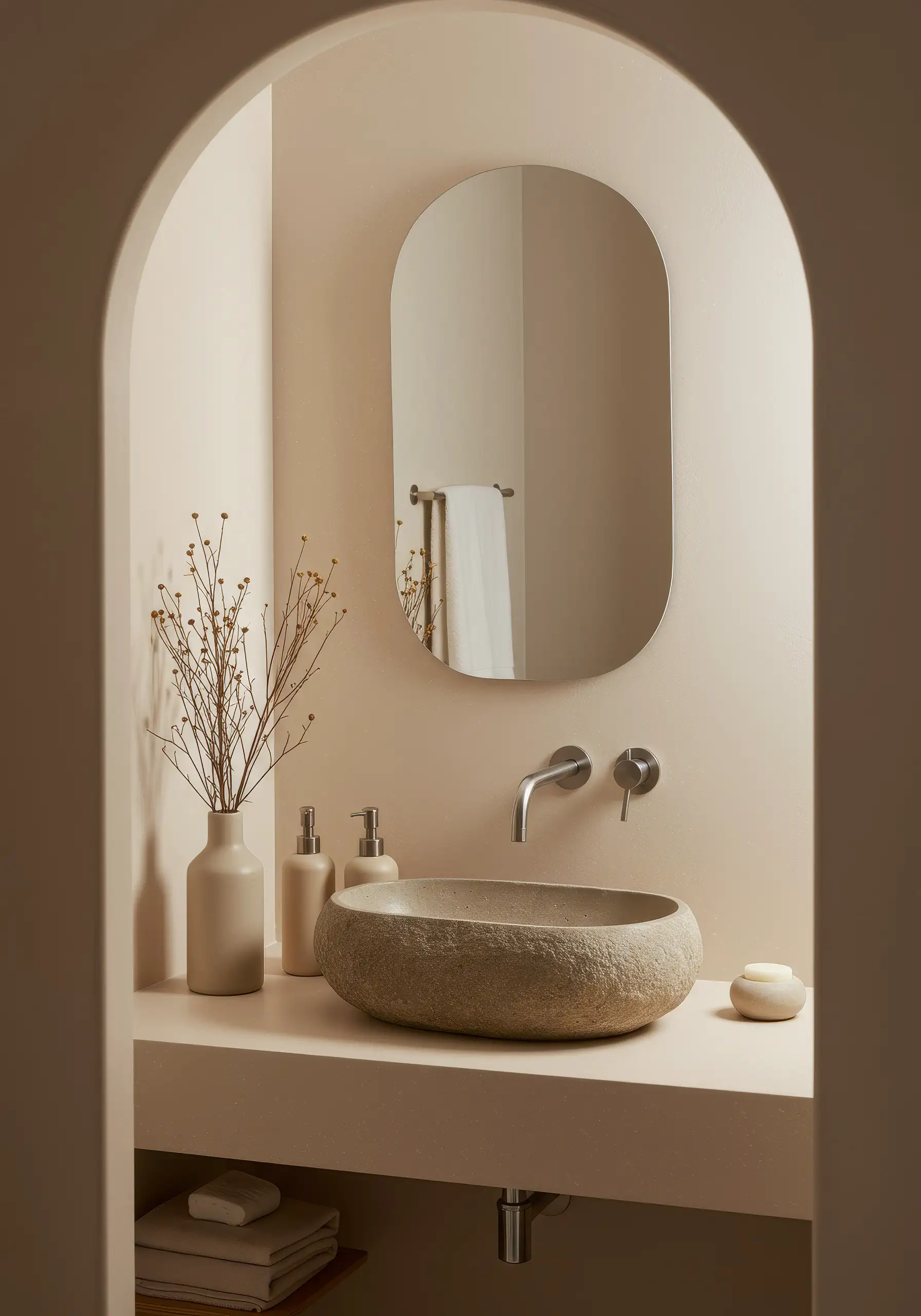 Stone basin and oval mirror in an arched plaster alcove
