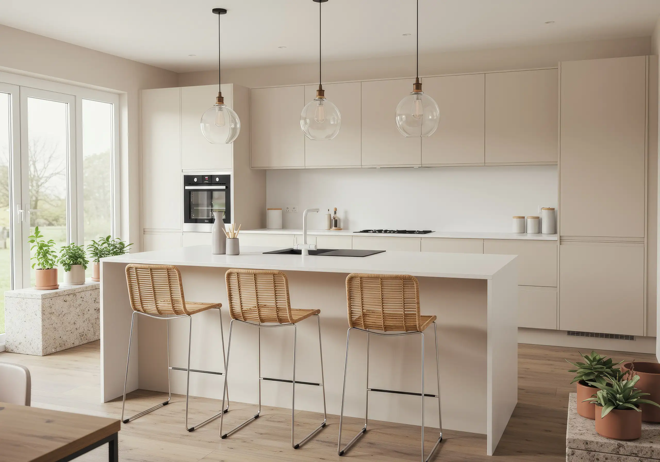 White kitchen with an island, rattan stools and glass pendant lights
