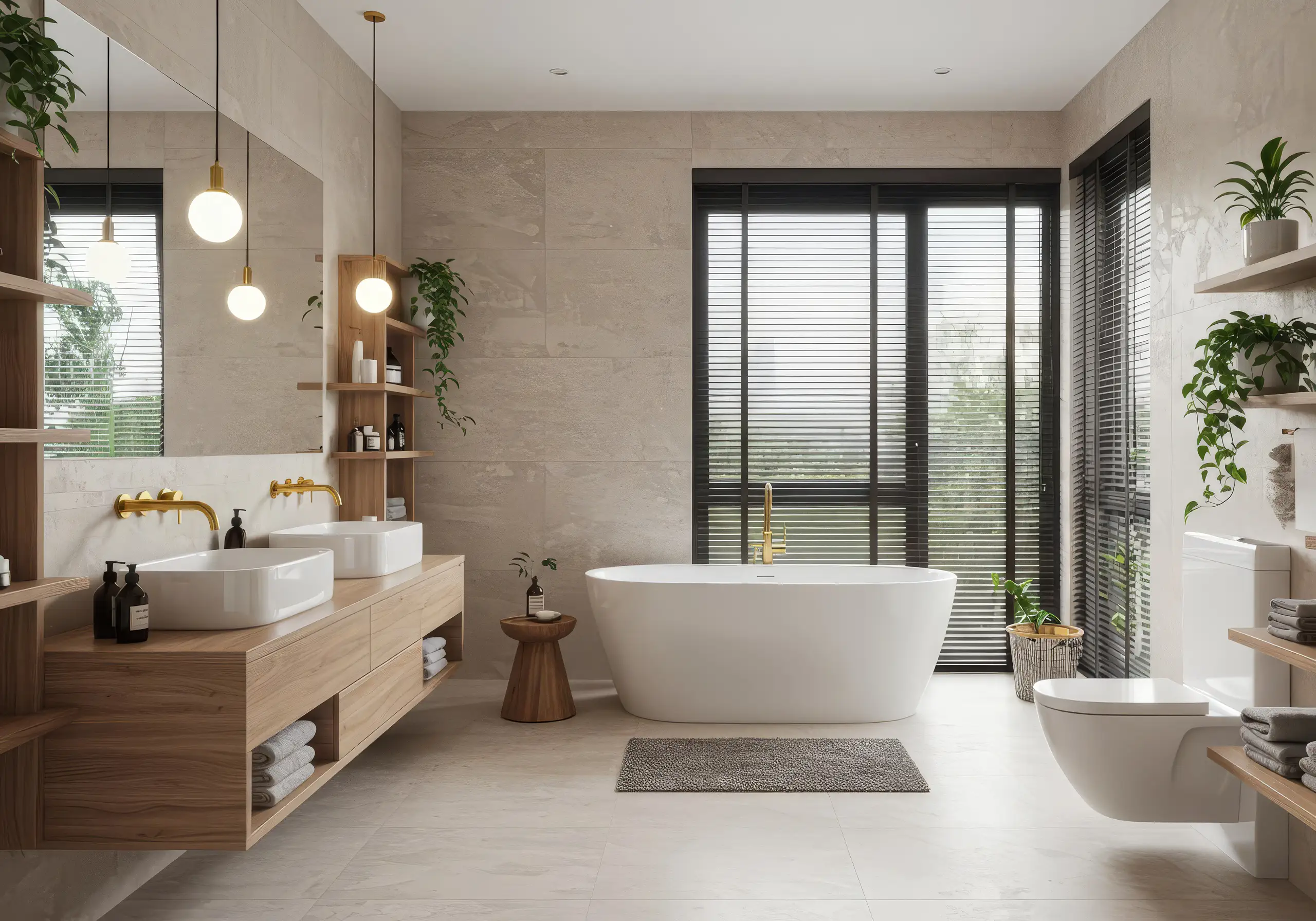 Bathroom with a freestanding tub, double basins on a wooden vanity and black-framed windows