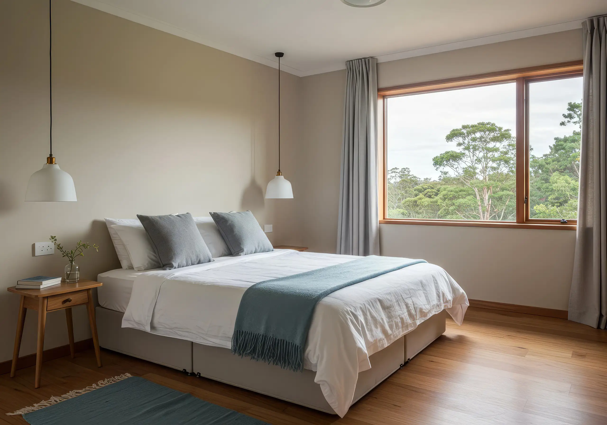 Bedroom with white and blue bedding and a wide window onto the trees