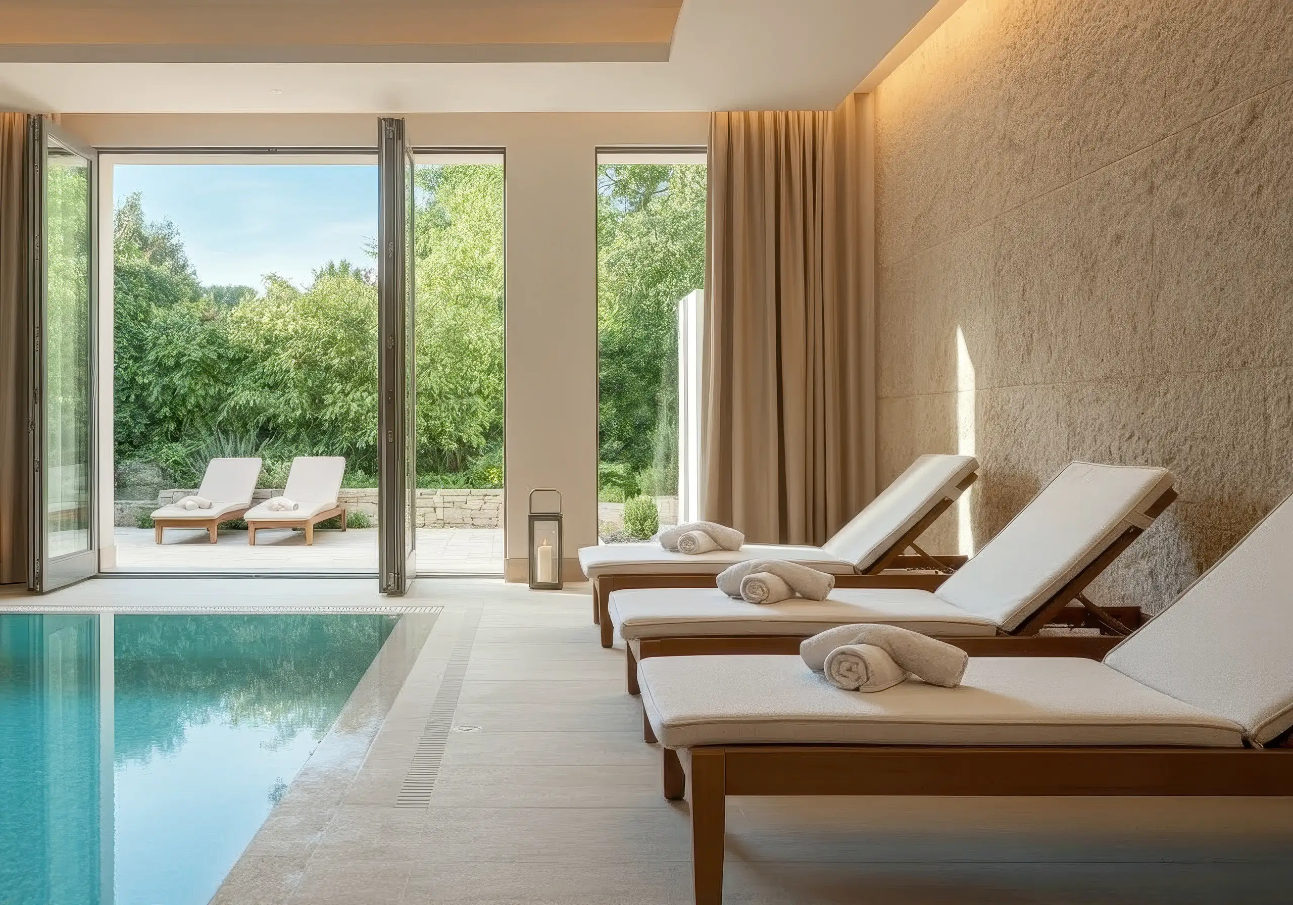 Indoor pool with white loungers beside glass doors onto the garden