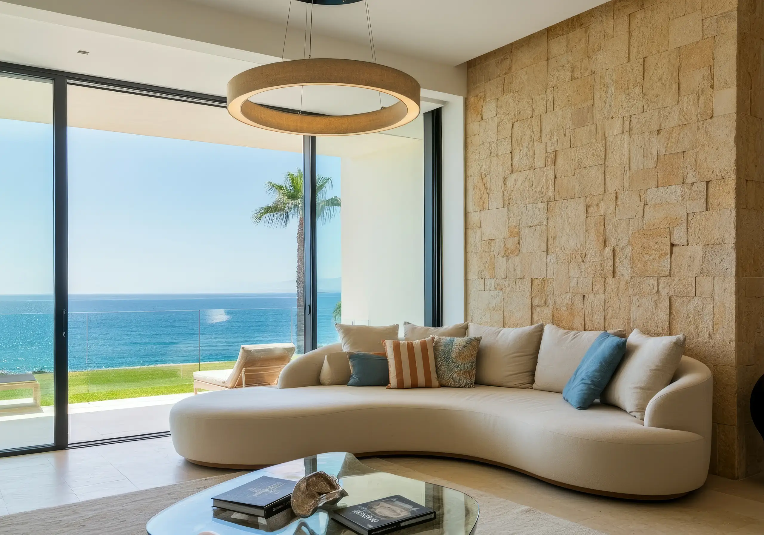 Curved cream sofa against a stone wall, with sliding doors onto the sea