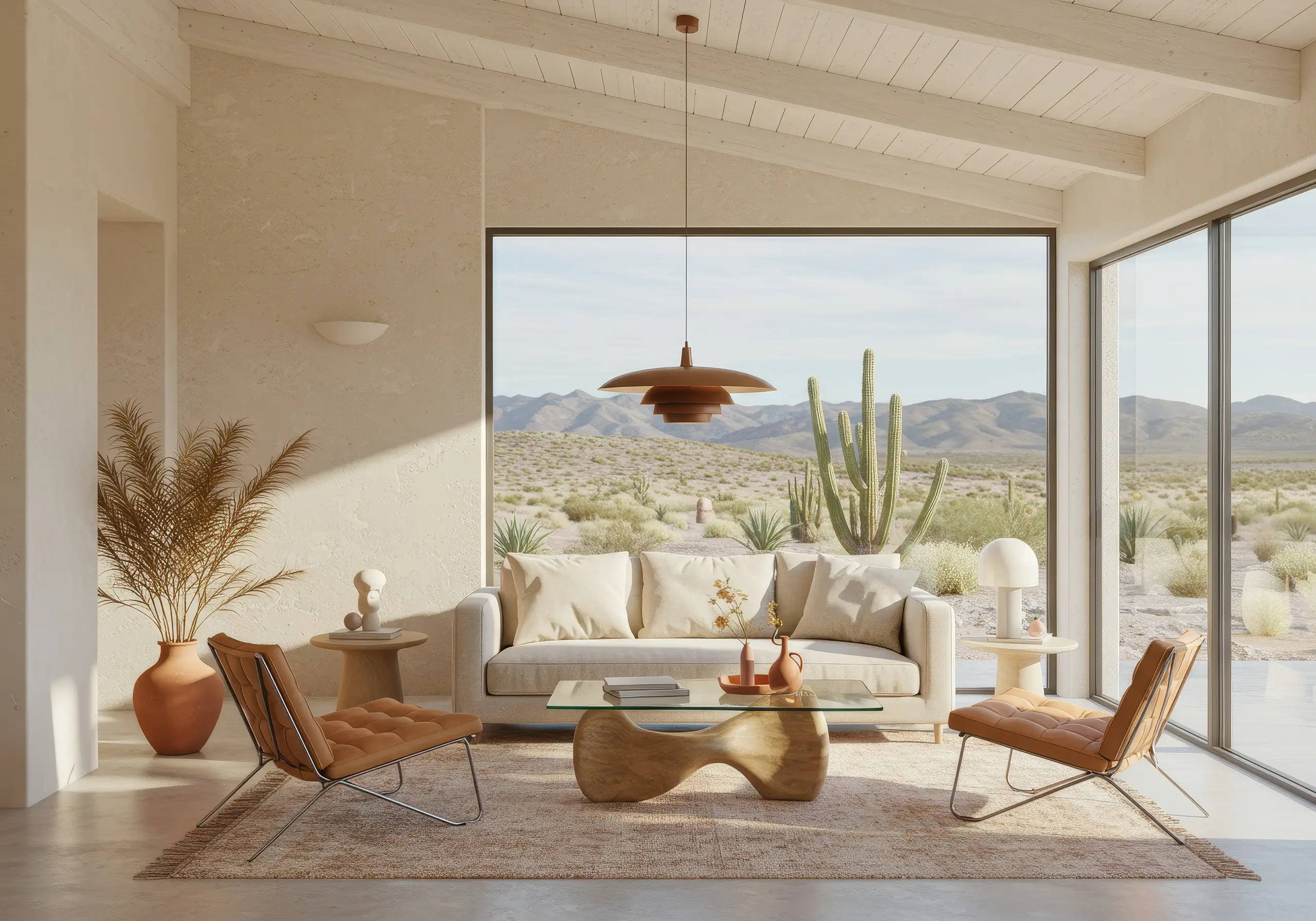 Lounge with a cream sofa and leather armchairs before floor-to-ceiling windows onto cacti and mountains