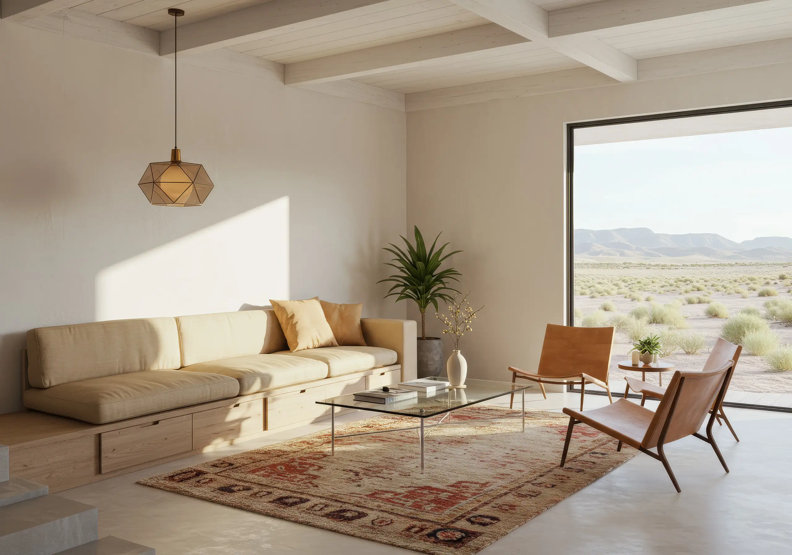 Living room with a built-in beige sofa, leather chairs and a large window onto the desert