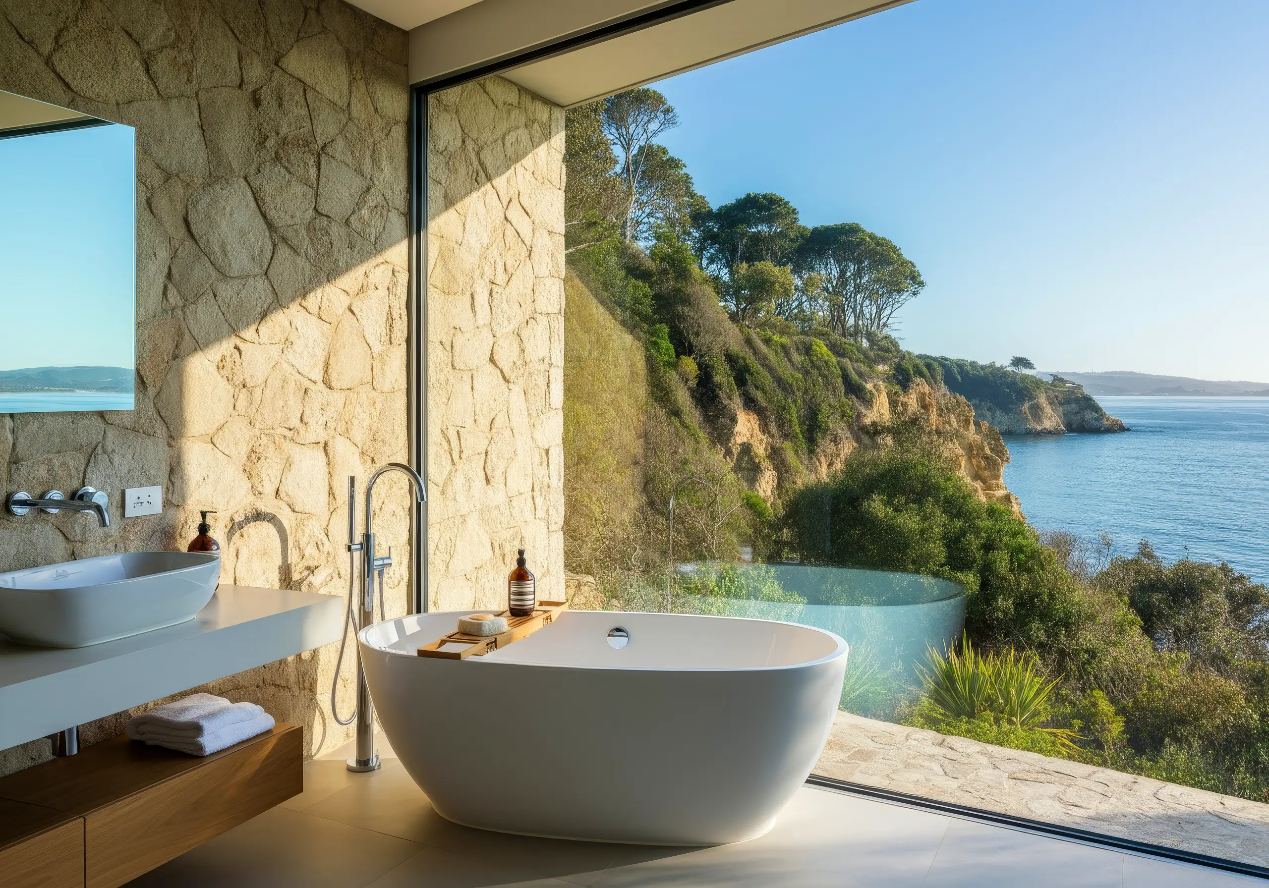 Bathroom with a stone wall, freestanding tub and a glass wall onto the coastal cliffs