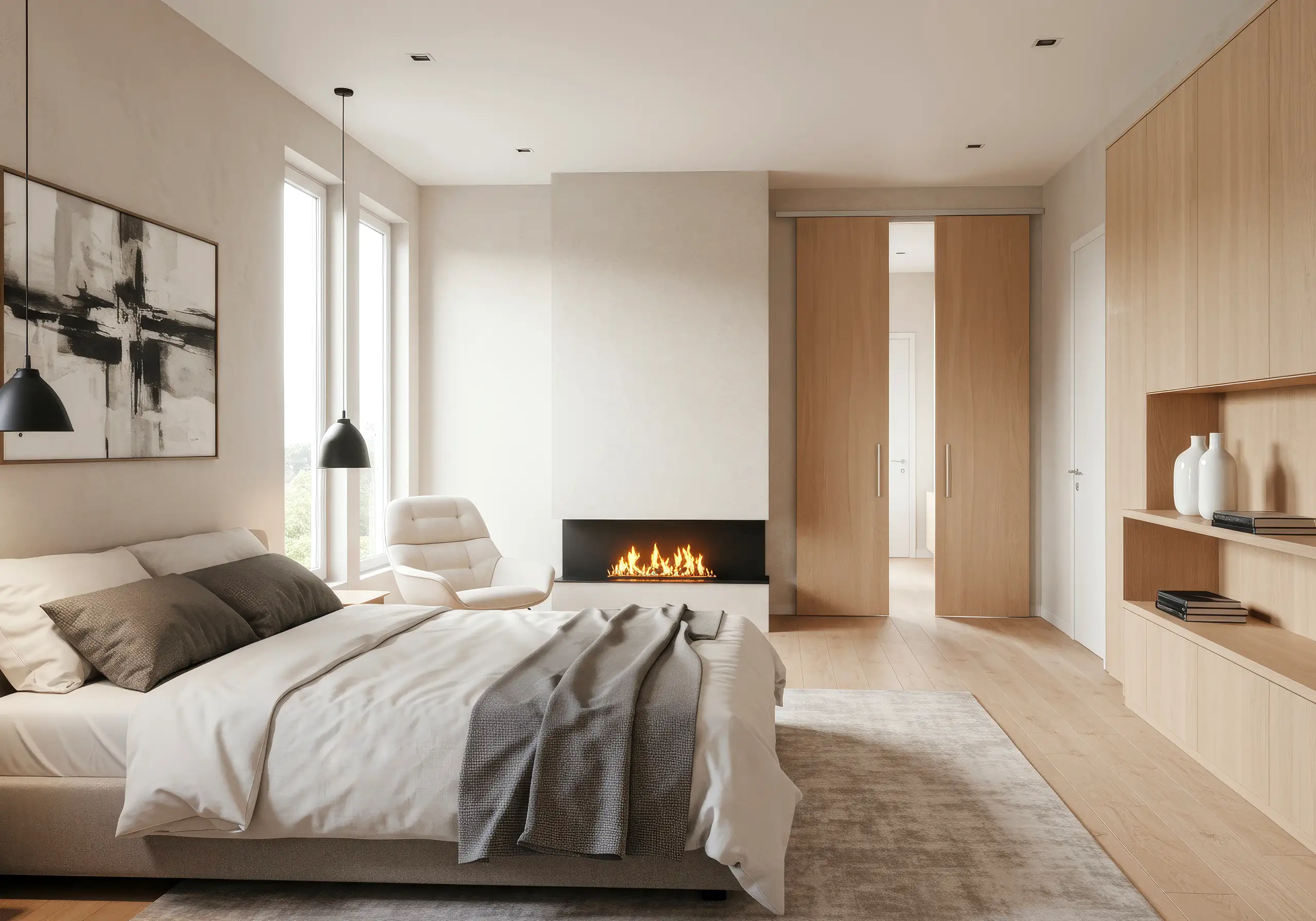 Bedroom with a fireplace, light oak cabinetry and an abstract painting