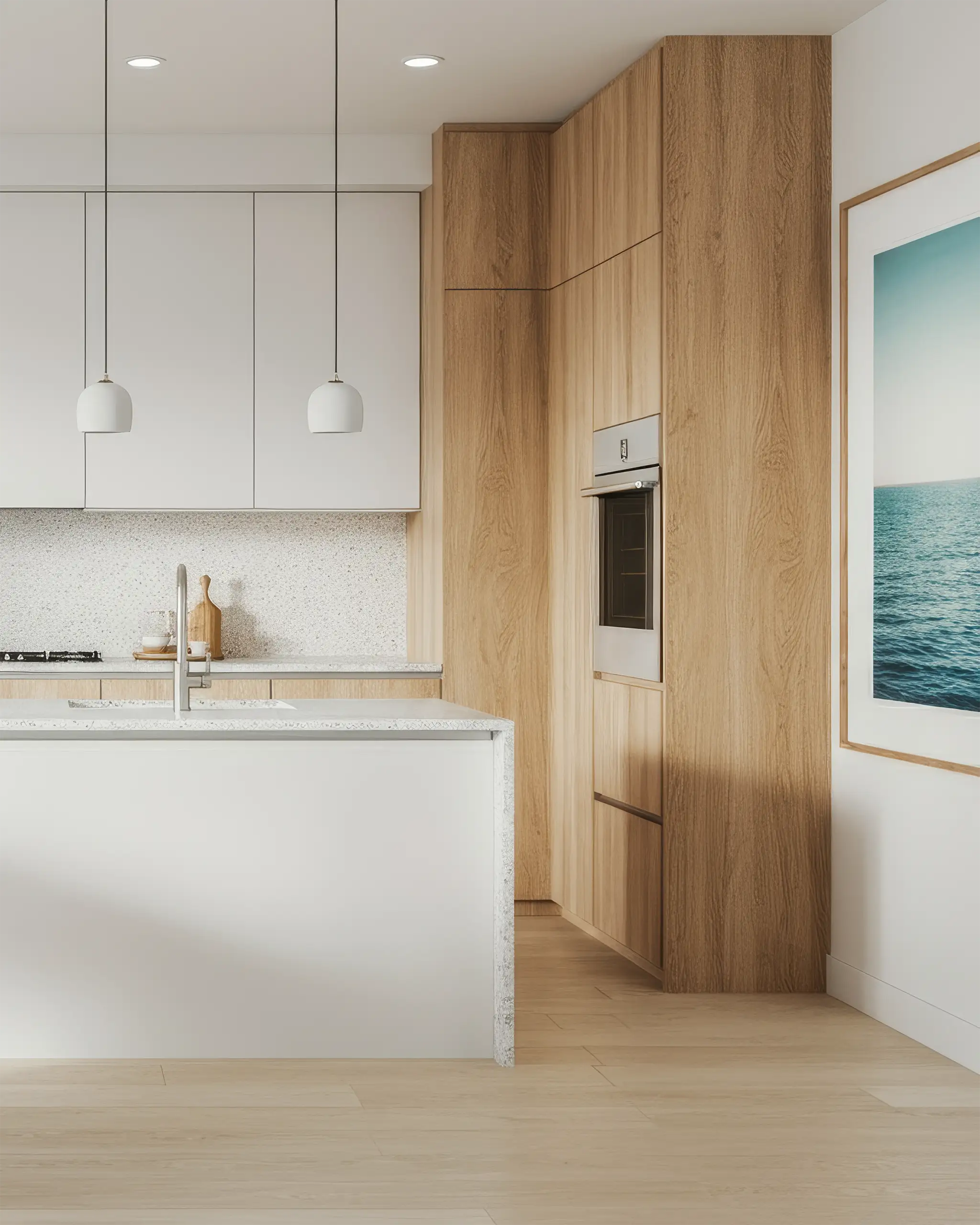 Kitchen with white and oak cabinetry and pendant lights