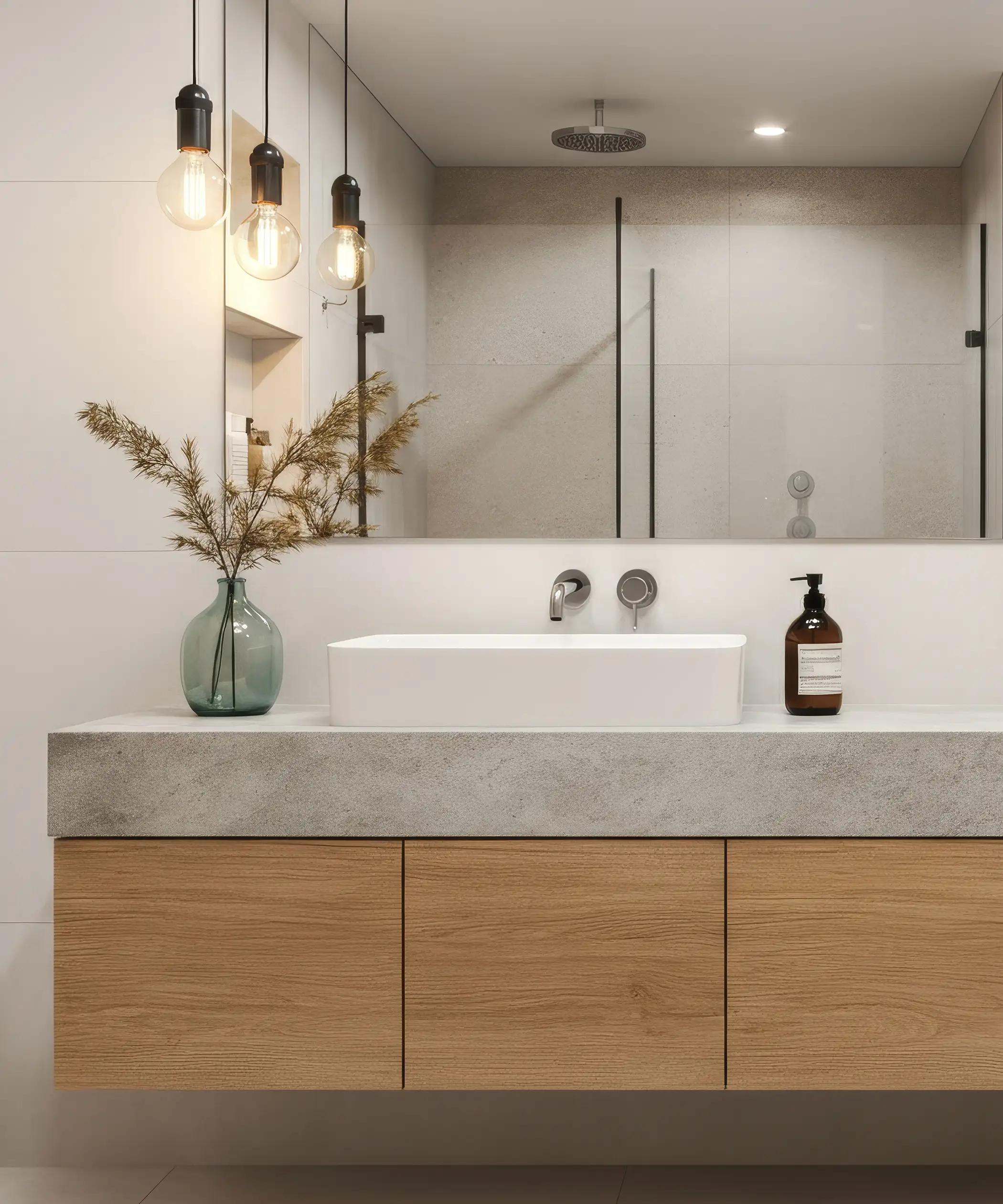 Bathroom with a floating oak vanity, a concrete top and hanging bulb lights