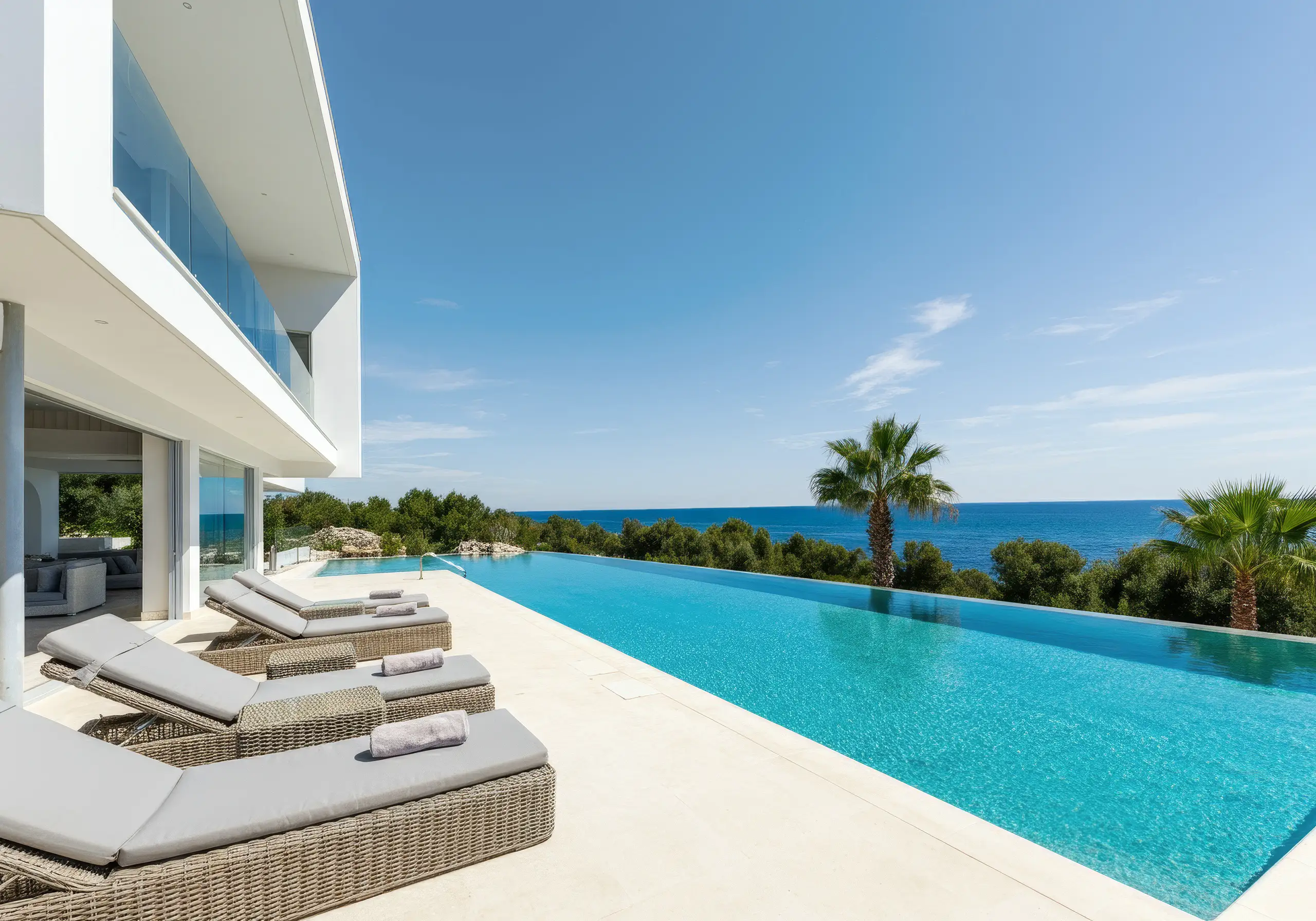 Infinity pool with wicker loungers overlooking the ocean and palm trees