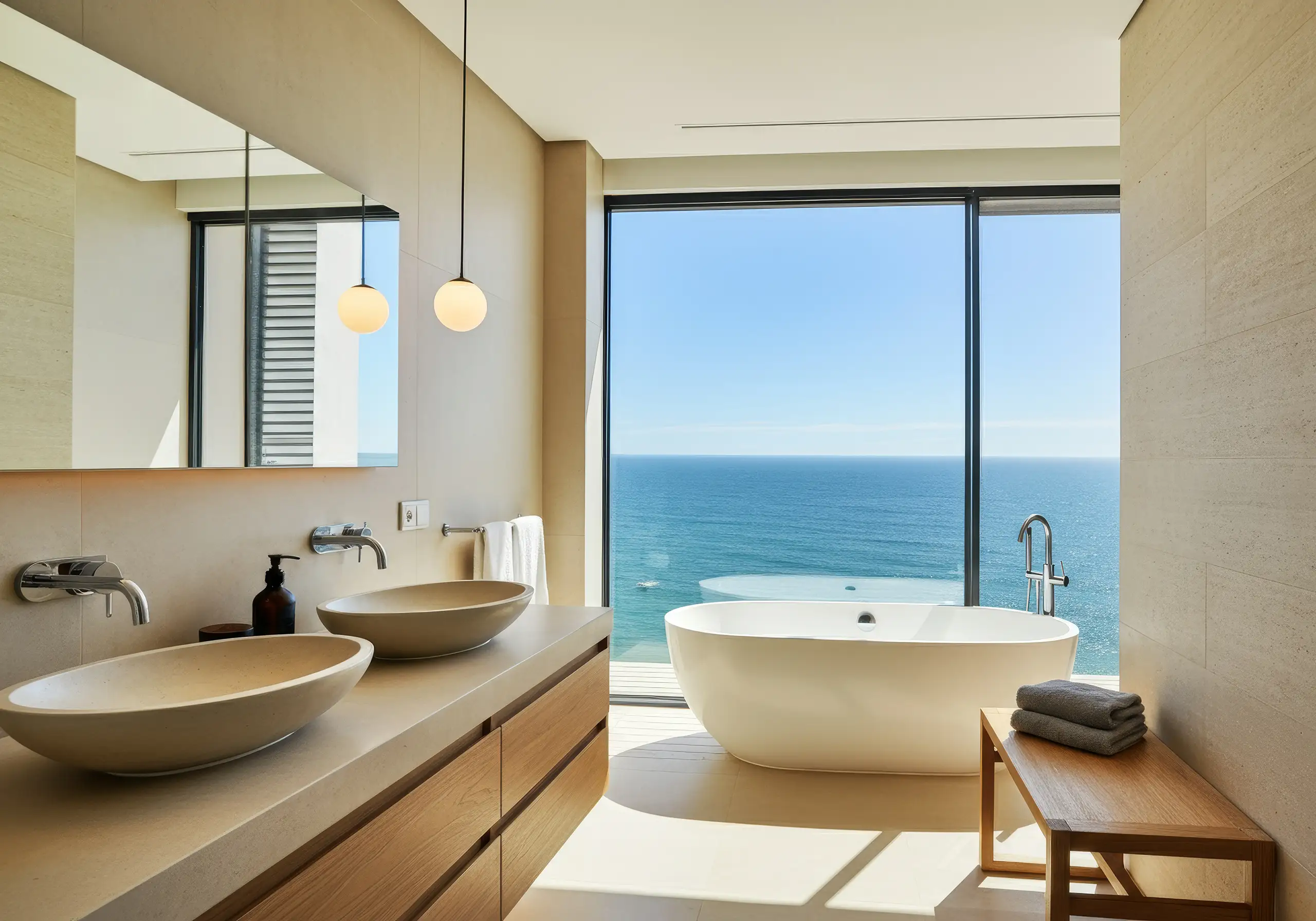 Bathroom with two vessel basins and a freestanding tub before a window onto the sea