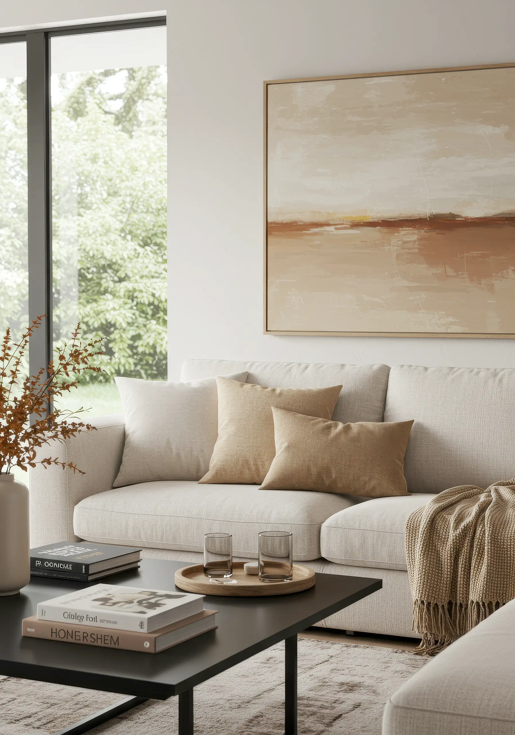 Cream sofa with beige cushions beneath an abstract painting, beside a tall window