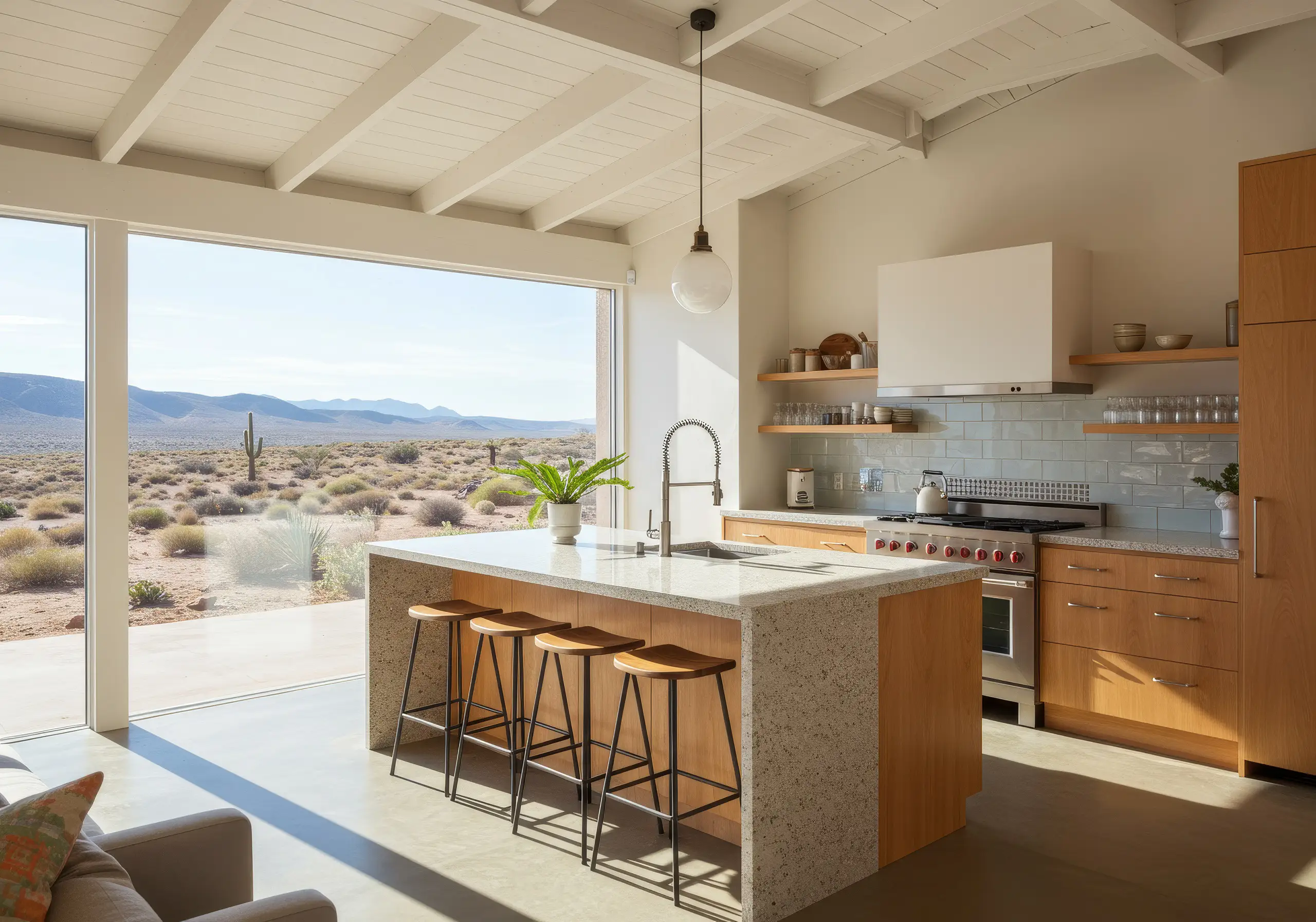 Kitchen with a terrazzo island, wooden stools and wide glazing onto the desert