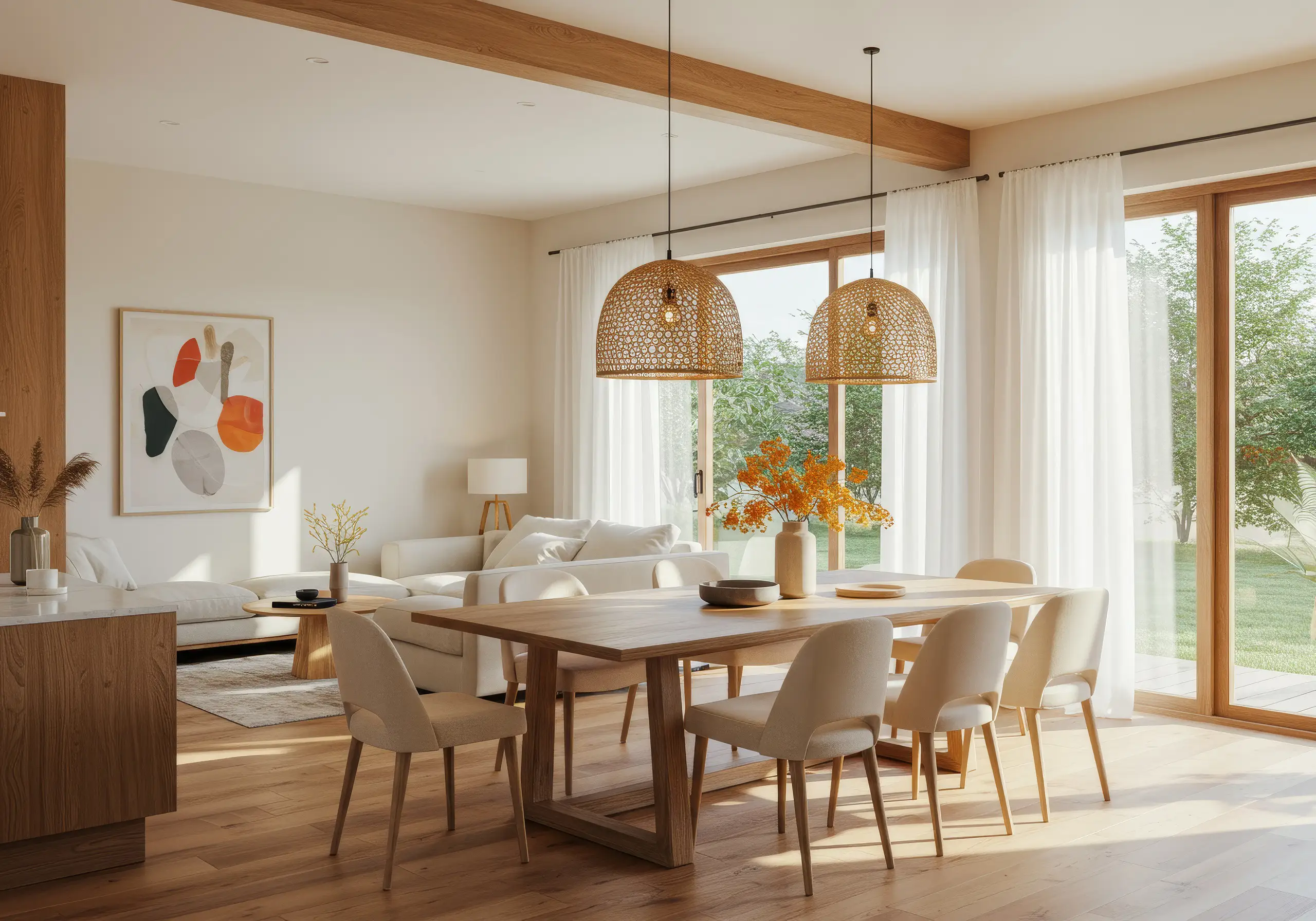 Dining area with a wooden table and woven pendant lights by glass doors to the garden