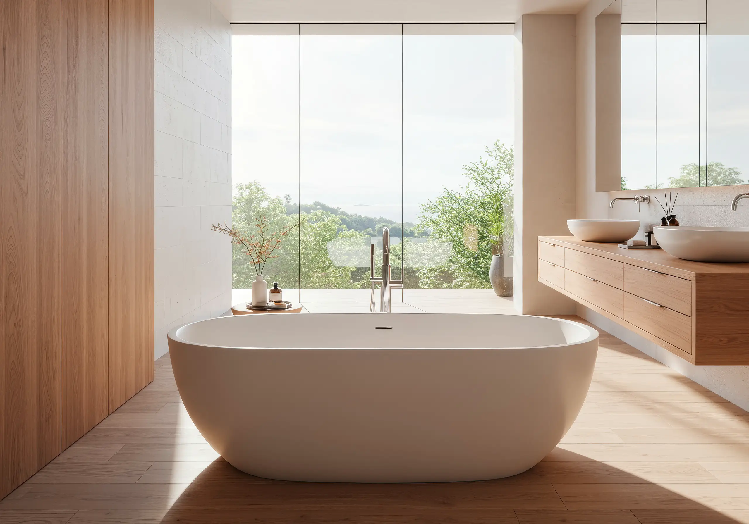 Bathroom with a freestanding tub, oak walls and floor-to-ceiling glass onto the trees