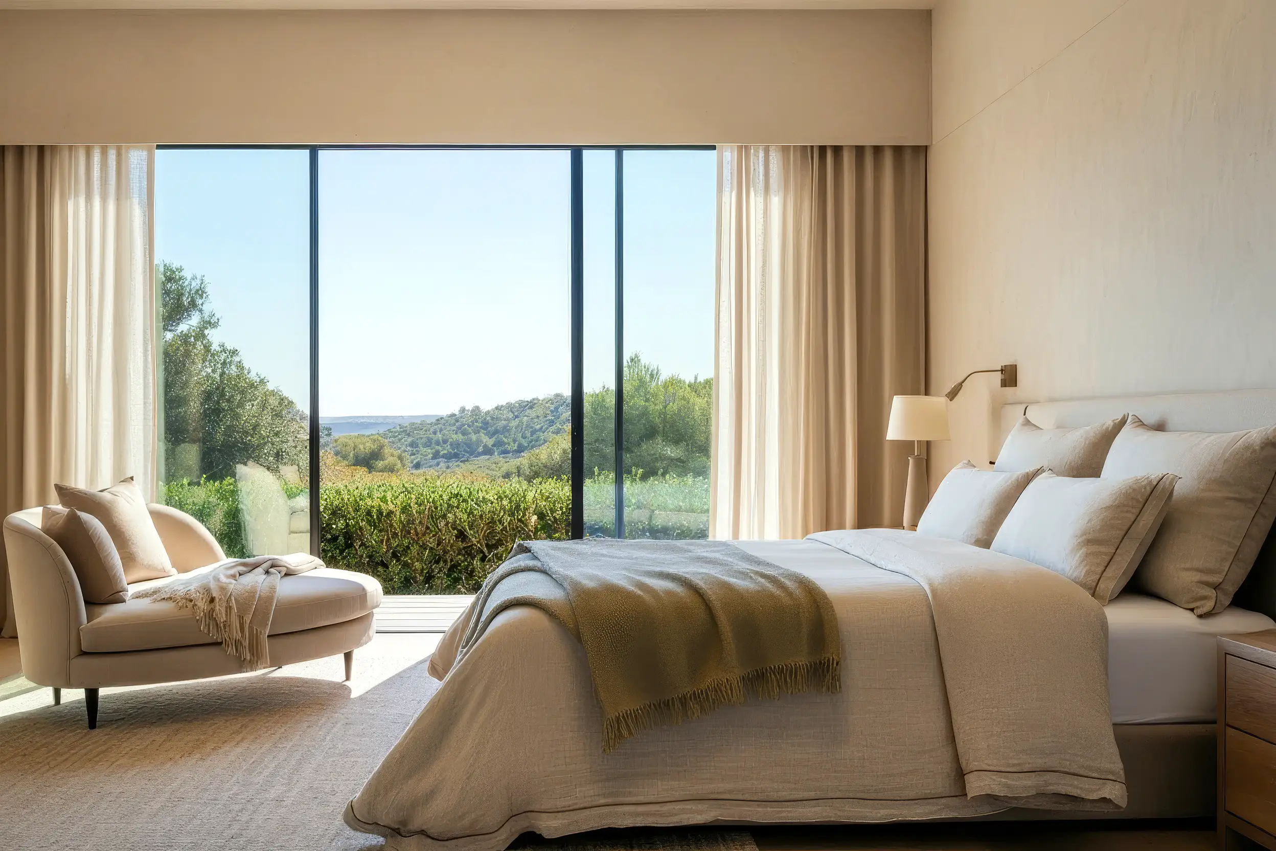 Bedroom with linen curtains, a chaise longue and a glass wall onto the hills