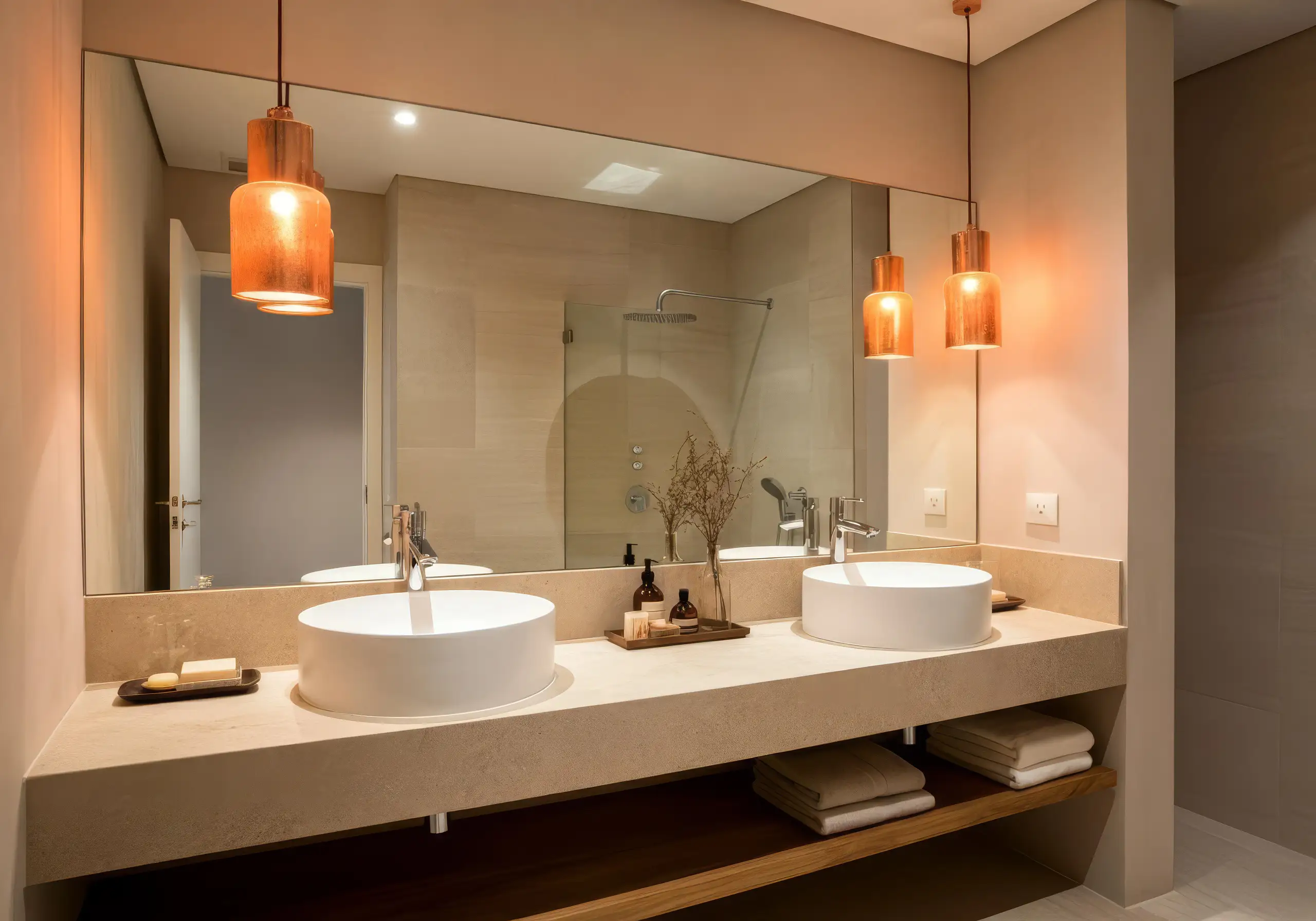 Double vanity with round basins beneath copper pendant lights and a wide mirror