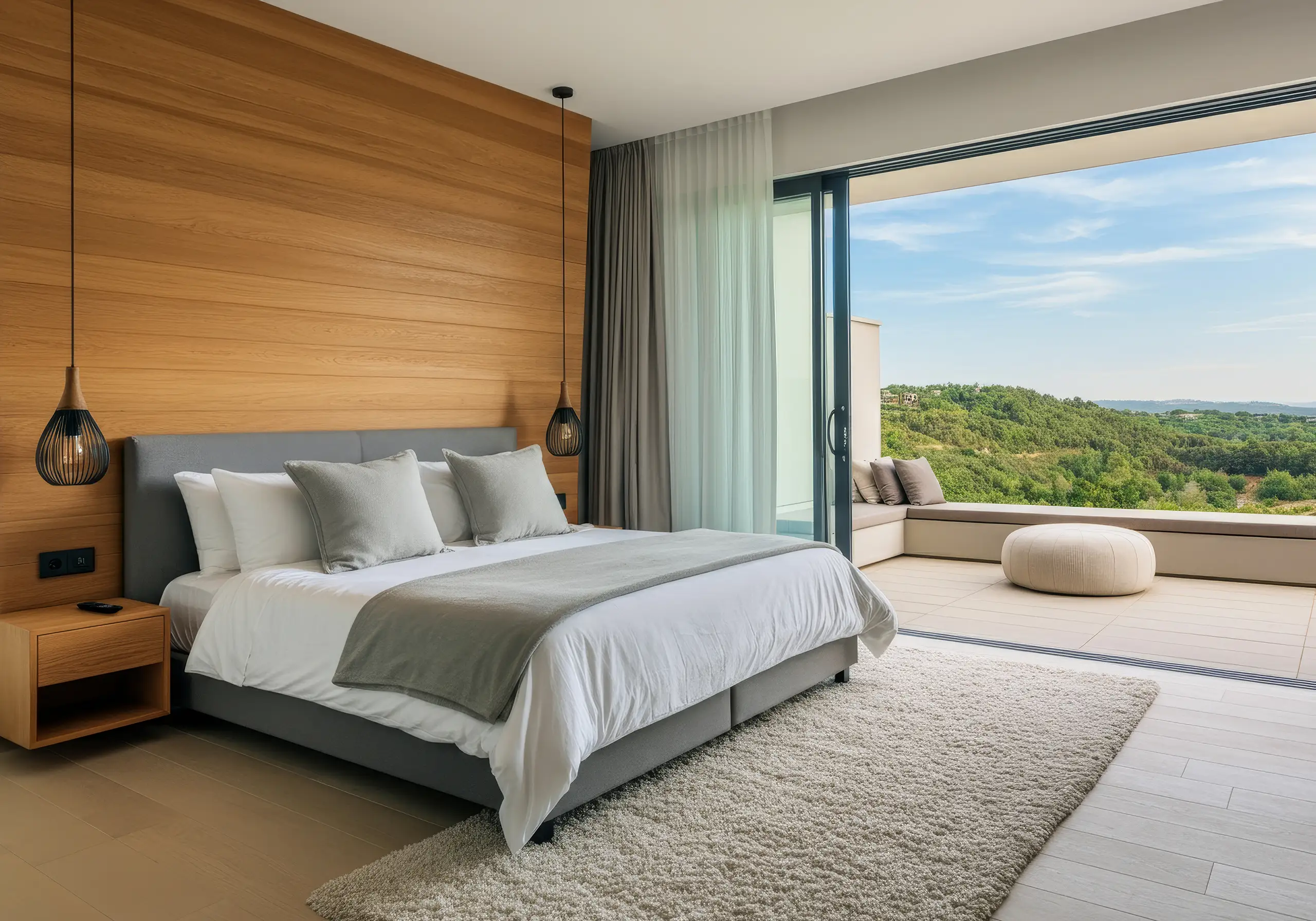 Bedroom with a wood-clad headboard wall and sliding doors onto a terrace and hills