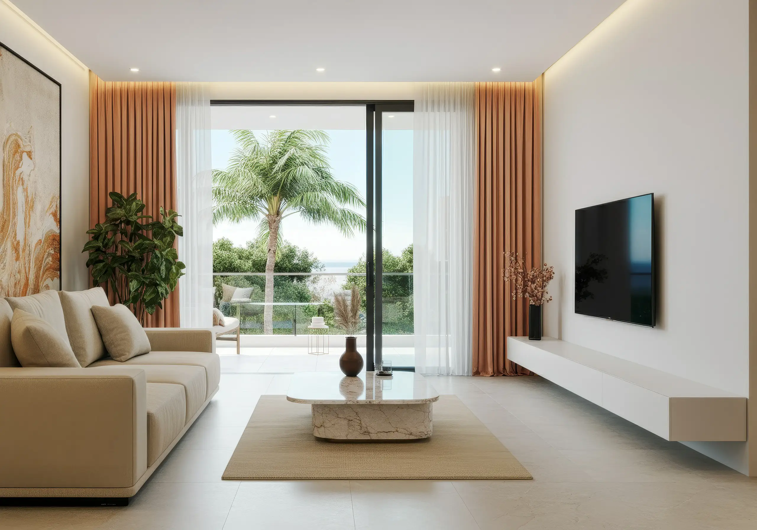 Living room with a beige sofa, terracotta curtains and sliding doors onto a palm-lined balcony