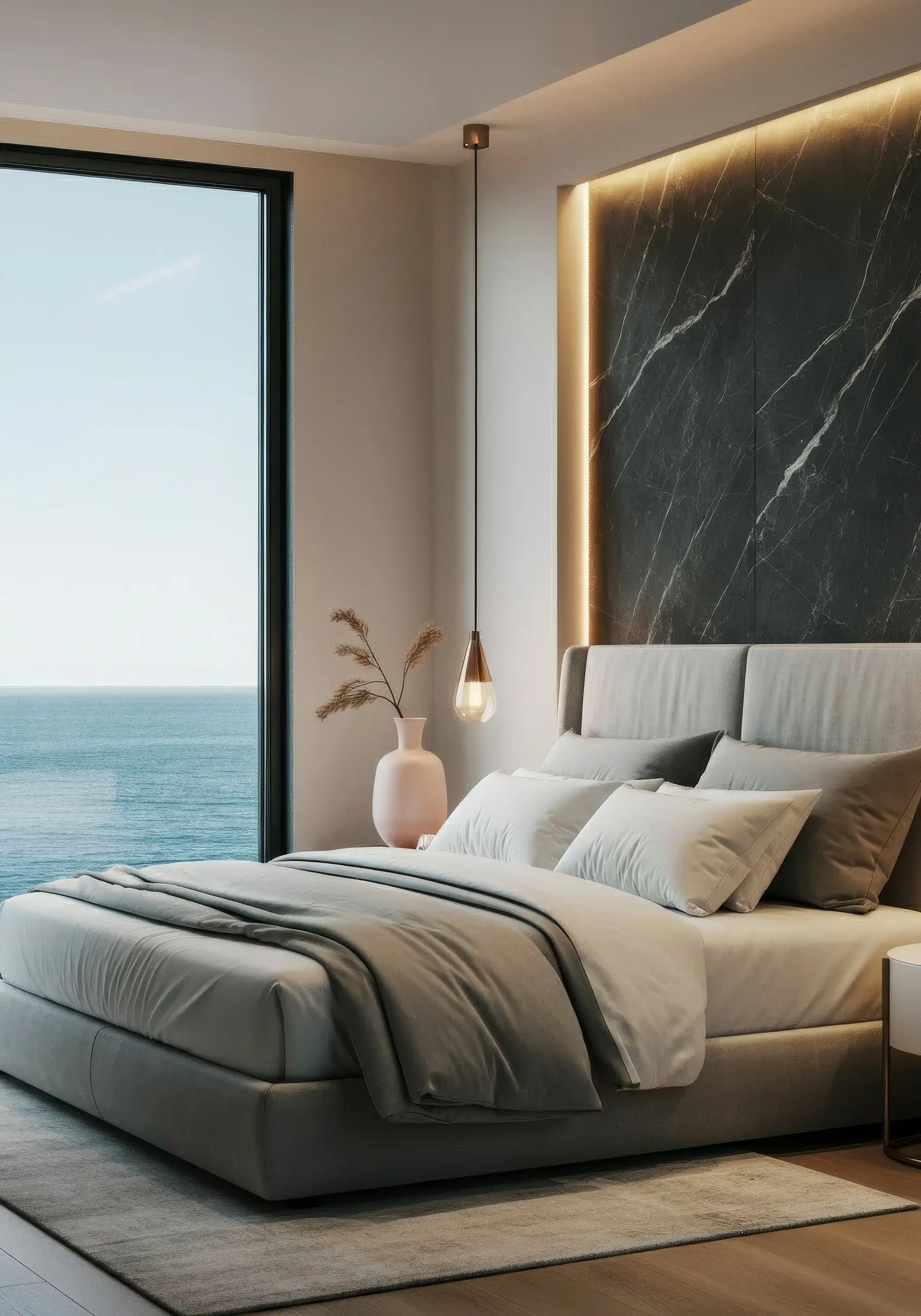 Bedroom with grey bedding, a marble accent wall and a window onto the ocean