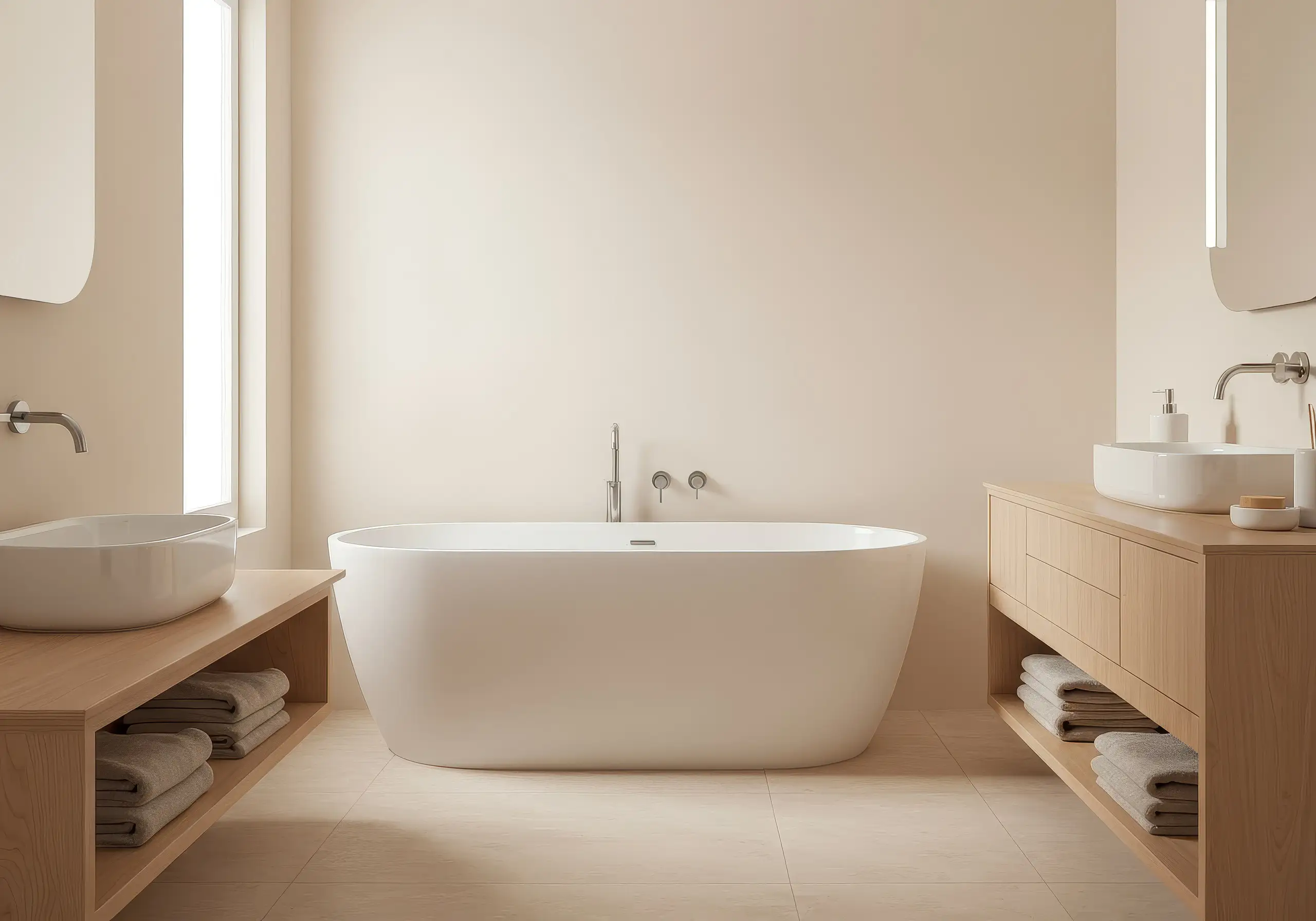 Bathroom with a freestanding tub between two wooden vanities with vessel basins