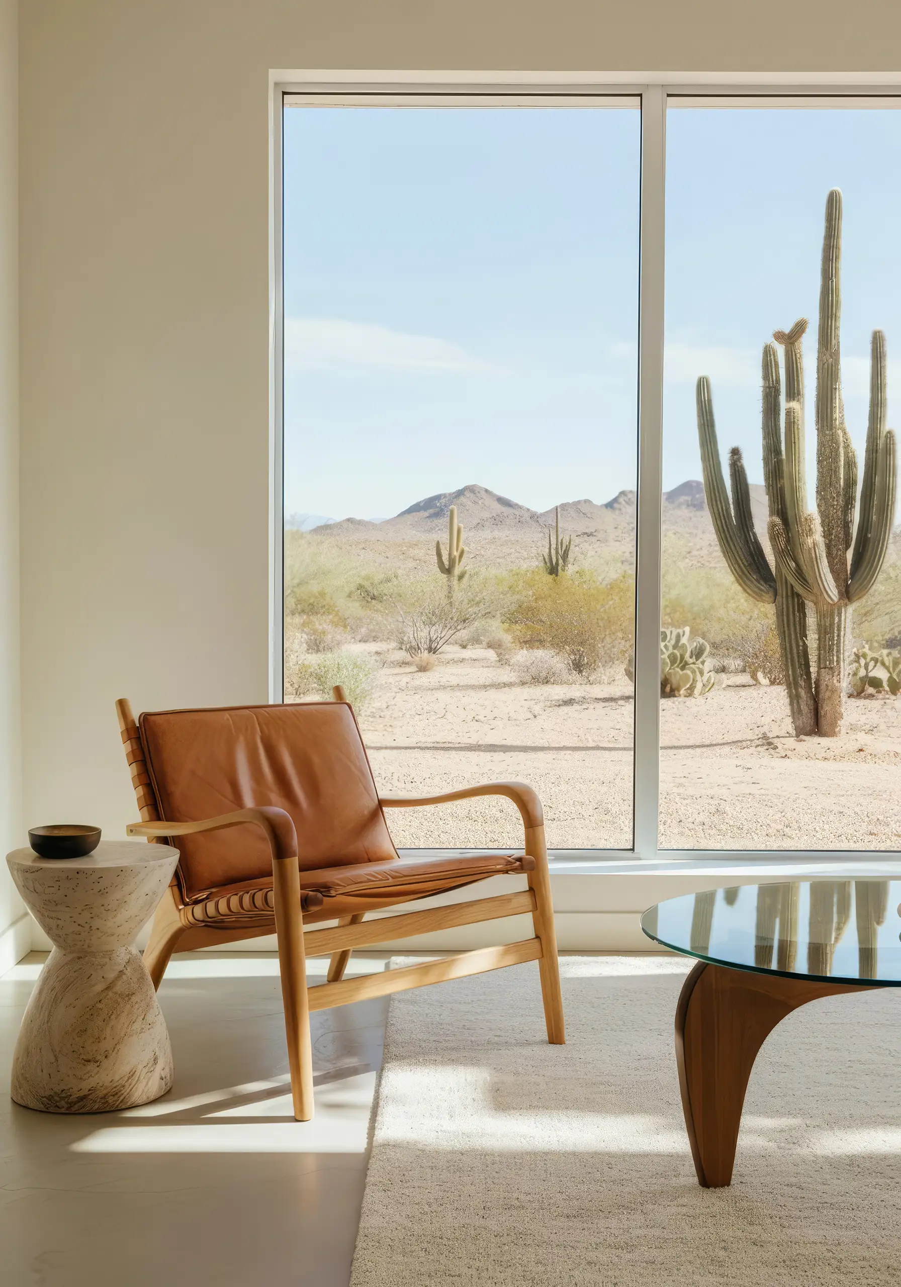 Leather armchair and glass table beside a window onto a saguaro cactus