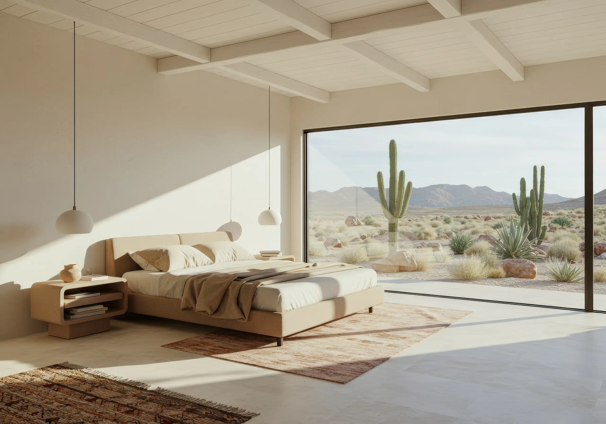 Bedroom with linen bedding and a floor-to-ceiling window onto cacti and mountains