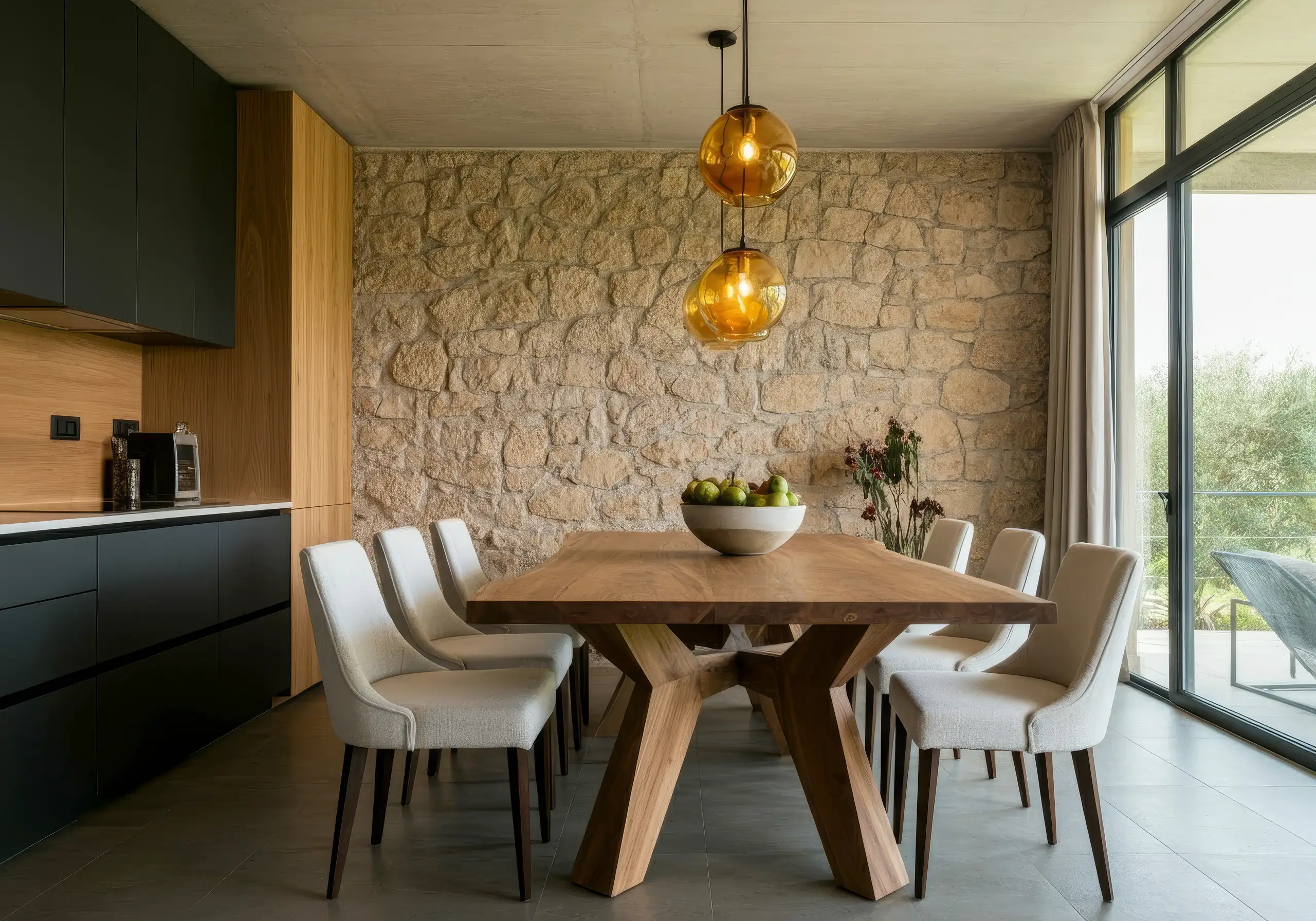 Dining room with a wooden table, cream chairs and amber pendants against a stone wall