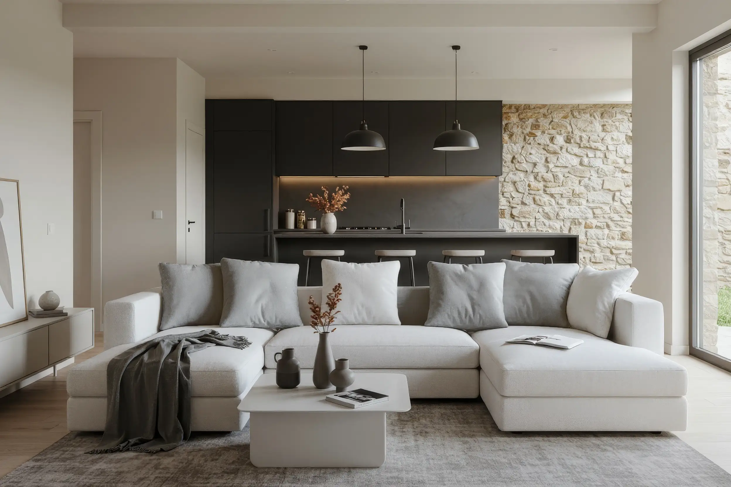 White sectional sofa before a dark open kitchen and a stone wall